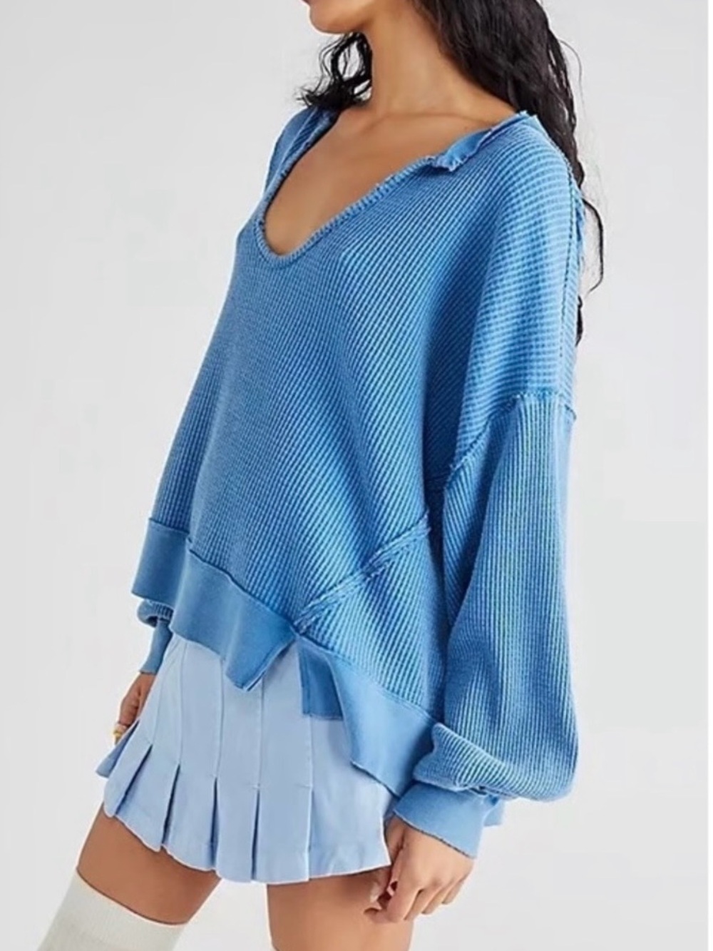 We The Free Blue Waffle Knit Oversized Boho Hipster Long Sleeve Top